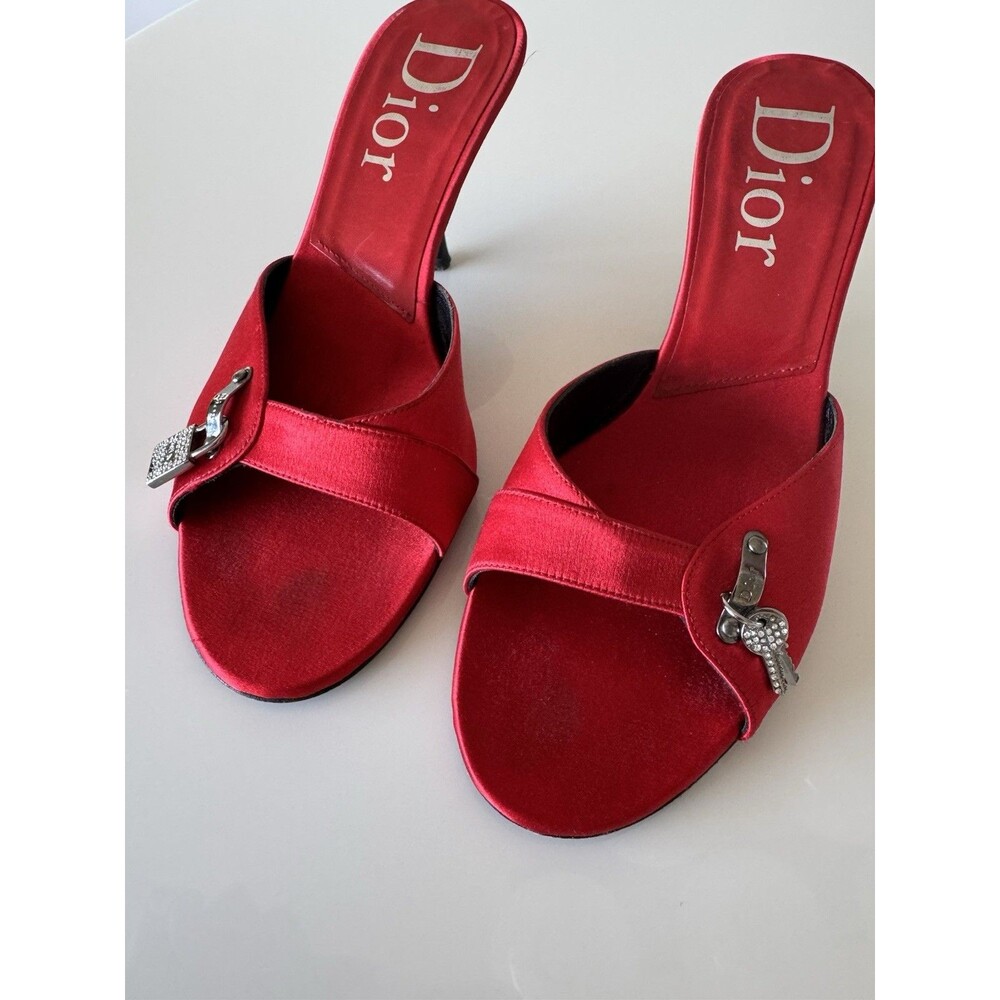 Vintage Dior Galliano Red Satin Lock & Key Mules EU 37.5 Authentic Shoes Y2K - Picture 2 of 11